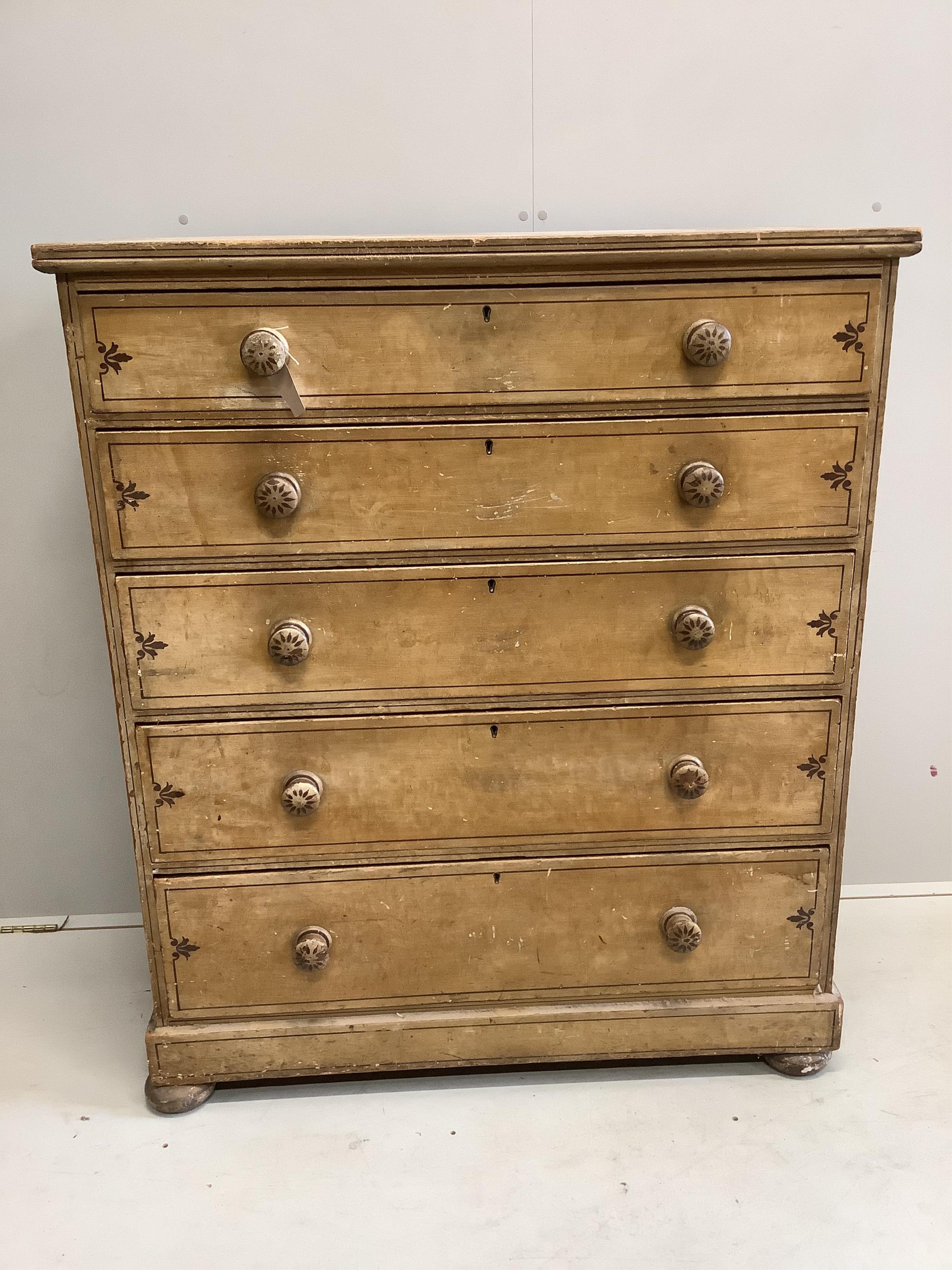 An early 19th century pine five drawer chest with original painted decoration, width 109cm, depth 51cm, height 129cm. Condition - fair